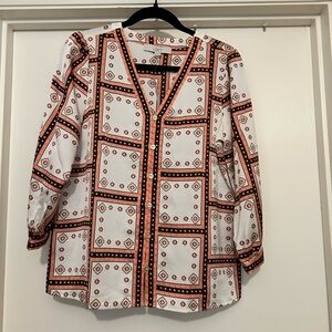 LOFT Women's Geometric White and Pink Blouse